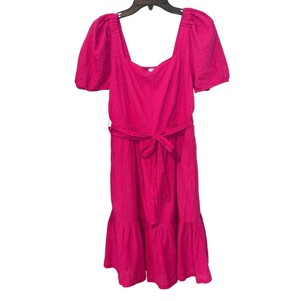 Draper James RSVP Hot Pink Windowpane Check Puff Sleeve Midi Dress Womens Medium